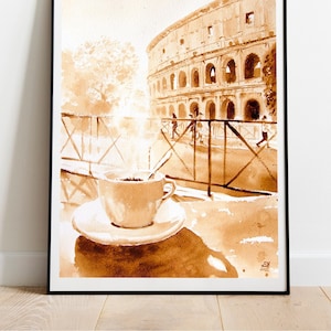 Dipinto originale di caffè, arte del caffè su carta per acquerello, Italia Roma Dipinto di caffè