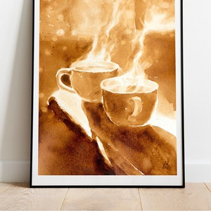 Pittura originale del caffè, arte del caffè su carta da acquerello, arte del caffè con una tazza di tè