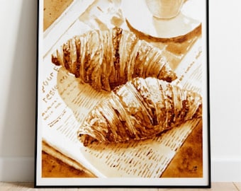 Croissants Coffee Painting, Earth Shades Wall Art, Warm Palette Art, Croissants Original Food Art, Coffee Bar Decor