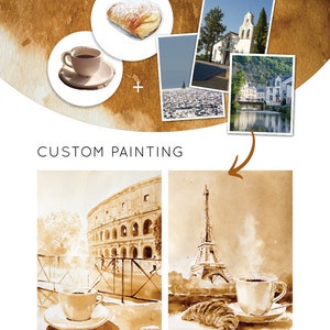 Dipinto originale personalizzato di caffè, arte del caffè su carta per acquerello, dipinto di tazze da caffè, piccolo dipinto