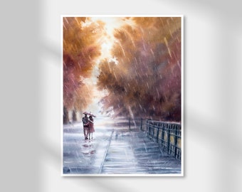 Art Print Romantic Autumn Rain Watercolor, A4 A5, Big Medium Small Watercolor Art Print Poster, Watercolor Romantic Art