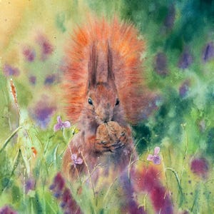 Original Squirrel Painting A4, Watercolor Hand Painted Wall Art, Flower Field Wild Animals Wall Decor, Little Squirrel Child Room Decor