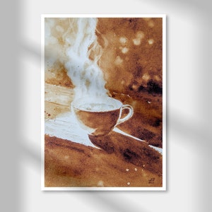 Stampa artistica su carta con texture ad acquerello, dipinto di caffè, decorazione da parete A6 A5 A4, poster con stampa artistica, regalo per lui, regalo per lei