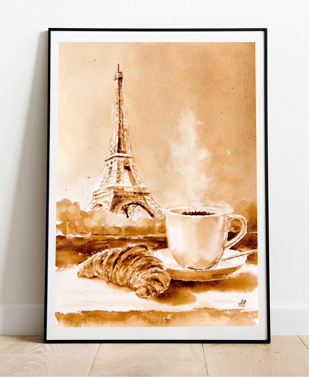 Original Coffee Painting, Paris and Croissants Art, Warm Coffee
