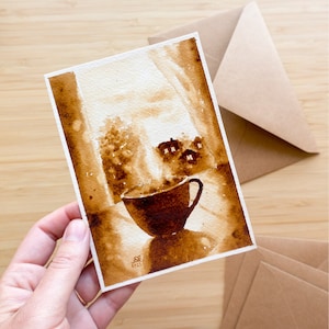 Piccolo dipinto di caffè A6, arte originale del caffè, biglietto d'auguri dipinto a mano, caffè e libri, decorazione del bullet journal