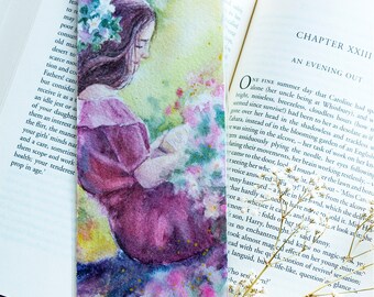 Original Hand Painted Bookmark Romantic Series-Small Painting Girl Reading In The Garden-Watercolor Bookmark-Book Lover Gift