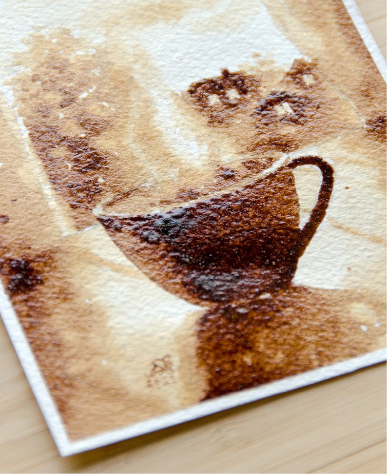 Small Coffee Painting A6, Original Coffee Art, Hand Painted Wishing