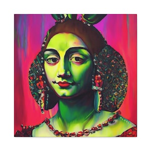 May include: A painting of a woman with green skin and a colorful headdress. She is wearing a necklace and a red dress. The background is a vibrant pink.