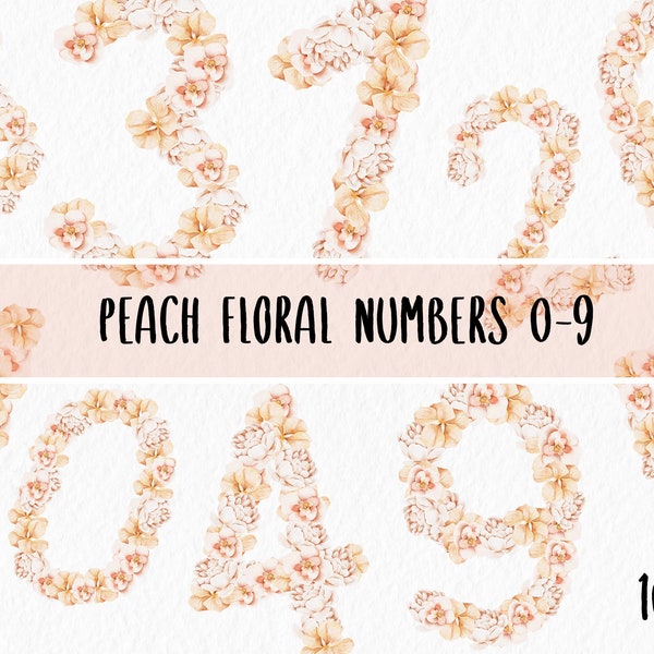 0-9 Acquerello pesca Numeri floreali / Blush beige Peonia Fiore Forme Numeriche Digital Download