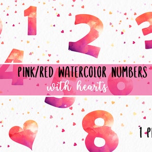 0-9 Numeri ad acquerello rosa / rosso con cuori / San Valentino Forme numeriche Download digitale