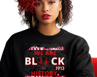 May include: Black sweatshirt with a red graphic print that says "We Are Black History 1913" with an elephant illustration.