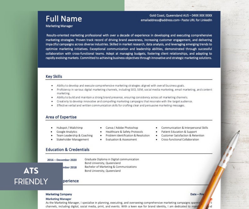 Ats Header Sample ATS Friendly Resume Template Pack: Professional Navy - Etsy