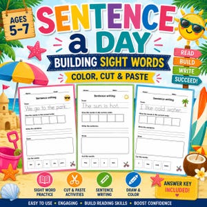 Puede incluir: Una colorida hoja de trabajo educativa titulada "Sentence a Day" para niños de 5 a 7 años. Incluye práctica de palabras a la vista, actividades de cortar y pegar, escritura de oraciones y dibujo. El diseño presenta ilustraciones con temática de playa.