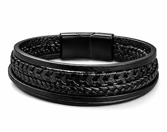 Men Bracelet Black Leather Wristband Handmade Braided, Vintage Multi-Layer Cuff