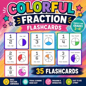 May include: Colorful fraction flashcards for grades 2-4. The cards display fractions like one-half, one-third, and one-fourth, with visual representations. The set includes 35 flashcards, designed for visual learning and interactive engagement.