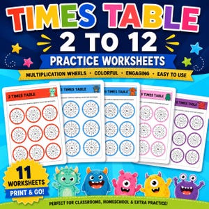 May include: Educational times table practice worksheets for numbers 2 to 12. The image displays colourful multiplication wheels, with friendly monster illustrations. The text on the image says "Practice Worksheets" and "Print & Go!"