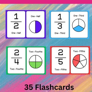 Könnte beinhalten: Bunte Bruchzahlen-Lernkarten mit Brüchen, die numerisch und visuell dargestellt werden. Die Karten zeigen Brüche wie 1/2, 1/3, 2/4 und 2/5, mit entsprechenden Tortendiagramm-Illustrationen. Das Set enthält 35 Lernkarten.