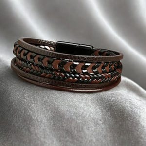 Mens Leather Bracelet, brown Braided Multi-Layer Rope Cuff, Vintage Wristband, Mens Gift, Father&#39;s Day, Man Leather Jewelry