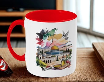 Palestine Mug Jerusalem Bethlehem فلسطين , Palestina taza Dome of the Rock and Olive Branch Design Cup