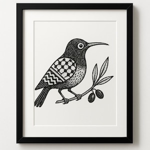 Könnte beinhalten: Schwarz-weiß-Illustration eines Vogels mit geometrischen Mustern auf seinem Körper, der auf einem Olivenzweig mit Oliven sitzt.