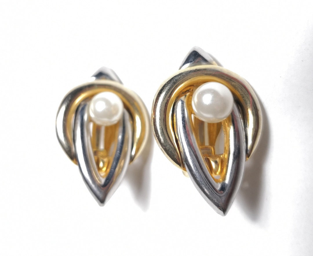 Gold Silver Clip Earrings With Pearl Large Statement Etsy
