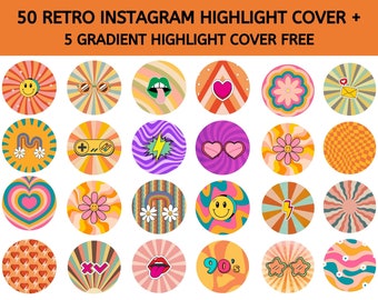 May include: A set of 50 retro Instagram highlight covers with a vintage design. The circular designs feature smiley faces, hearts, flowers, and other retro graphics in a palette of orange, pink, yellow, and brown. Text at the top reads "50 Retro Instagram Highlight Cover + 5 Gradient Highlight Cover Free."