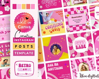 May include: A set of 10 pink and yellow Instagram post templates with retro-inspired designs. The templates feature text like "Coming Soon", "Boss Babe", and "Ask Me Anything".