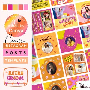 Retro Instagram post templates, Instagram Posts, Bold IG Feed, Groovy Social media Post, Orange & pink Playful Branding, 01RGO Rheadigitals