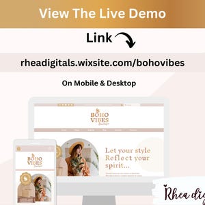 May include: A screenshot of a website for a boho-style clothing boutique called "Boho Vibes Boutique". The website features a light pink background with a white circle containing the text "Let your style Reflect your spirit..." and a photo of a woman wearing a brown hat and a floral top. The website is viewable on both mobile and desktop devices. The link to the website is "rheadigitals.wixsite.com/bohovibes".