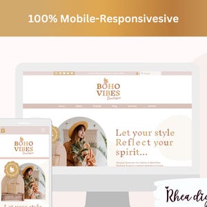 May include: A website mockup for a boho-style boutique called "Boho Vibes Boutique". The website features a light brown background with a gold logo and text. The website is mobile-responsive and features a woman wearing a hat and holding a plant.