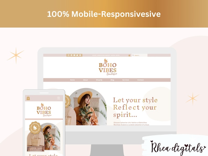 May include: A website mockup for a boho-style boutique called "Boho Vibes Boutique". The website features a light brown background with a gold logo and text. The website is mobile-responsive and features a woman wearing a hat and holding a plant.