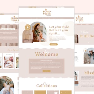 May include: Website homepage for Boho Vibes Boutique, featuring a light pink and white color scheme with a bohemian theme. The website features a welcome message, a section about the boutique's mission, and a section showcasing their collections.