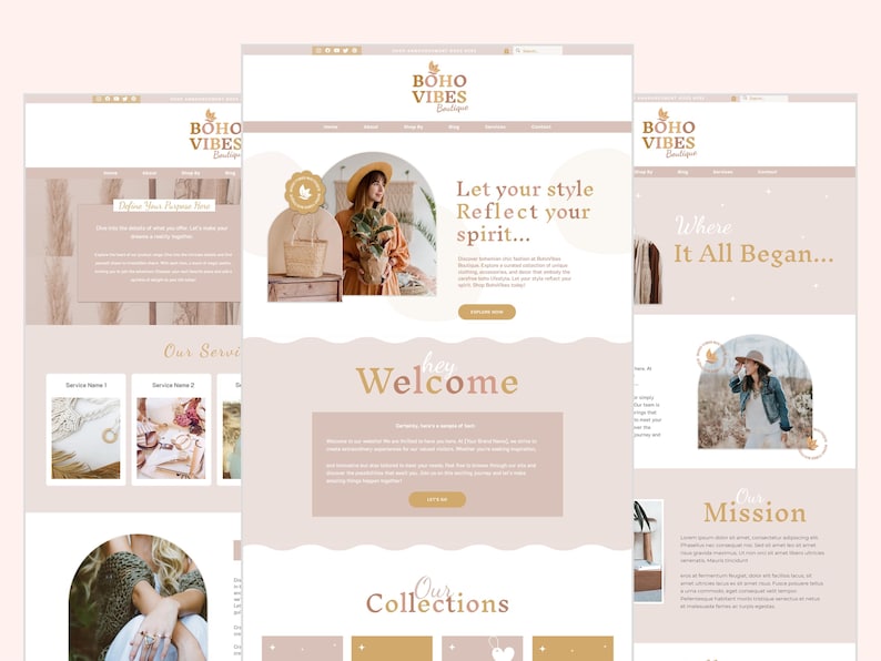 May include: Website homepage for Boho Vibes Boutique, featuring a light pink and white color scheme with a bohemian theme. The website features a welcome message, a section about the boutique's mission, and a section showcasing their collections.