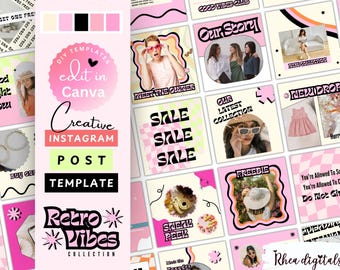 May include: A collection of 12 retro-themed Instagram post templates in pink, yellow, and black. The templates feature various designs, including a sale announcement, a new product drop, and a meet the owner post. The text "Retro Vibes Collection" is featured in a pink and black font.