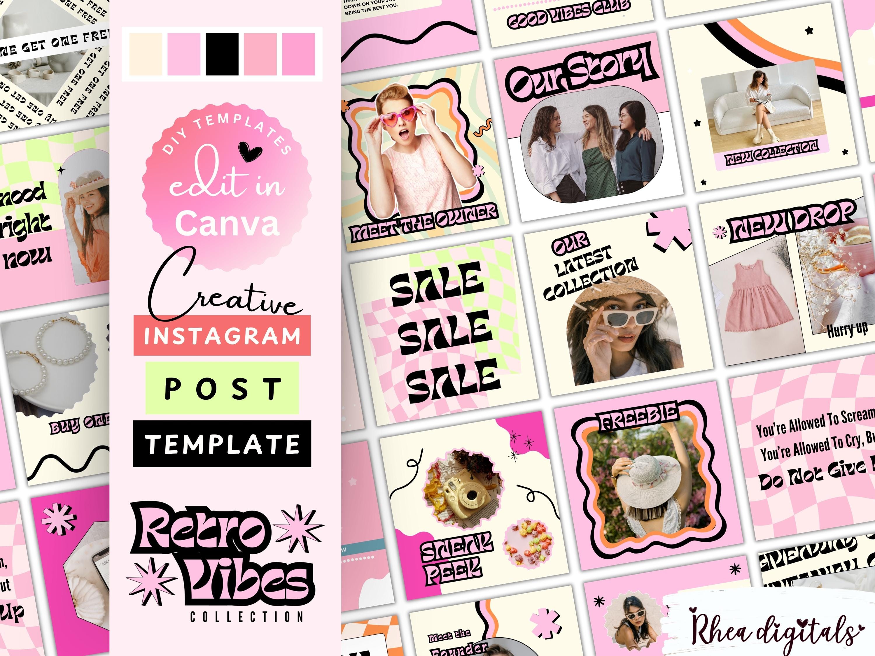 Retro Vibes Instagram Post Template Canva - Pink Black Bold Social ...