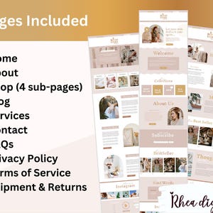 May include: A website mockup for a business called "Boho Vibes" with a light brown background and a variety of pages including "Home", "About", "Shop", "Blog", "Services", "Contact", "FAQs", "Privacy Policy", "Terms of Service", and "Shipment & Returns".