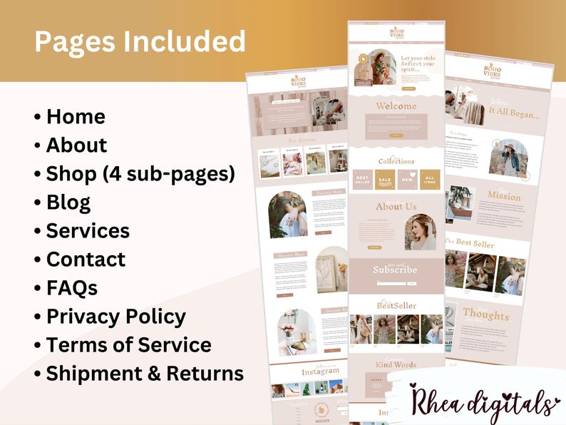 May include: A website mockup for a business called "Boho Vibes" with a light brown background and a variety of pages including "Home", "About", "Shop", "Blog", "Services", "Contact", "FAQs", "Privacy Policy", "Terms of Service", and "Shipment & Returns".
