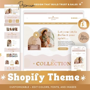Può includere: Un mockup di design di un sito web con un tema Shopify dall'estetica boho. Il design include una vista desktop, una vista mobile e un pannello laterale. Il testo include "Boho Vibes Boutique" e "Let your style Reflect your spirit..."