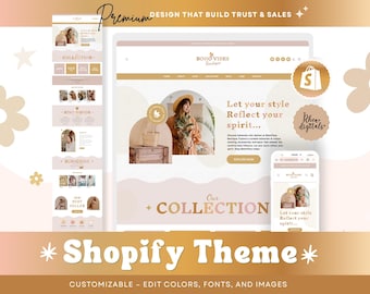 Shopify Theme - Boho vibes Boutique Website Theme, Retro Shop and Blog Theme Playful Funky Brown beige Shopify Template 7BVBC