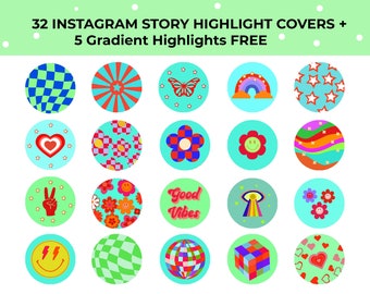 May include: 32 Instagram story highlight covers featuring a variety of designs, including a rainbow, a butterfly, a peace sign, a smiley face, and a chequered pattern. The covers are in a retro style with bright colours and bold graphics. The text "32 INSTAGRAM STORY HIGHLIGHT COVERS + 5 Gradient Highlights FREE" is at the top of the image.