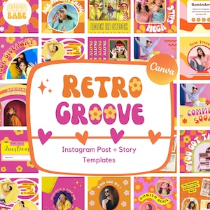 Szablony postów na Instagramie Retro Groove | Jasne media społecznościowe z lat 90. | Groovy abstrakcyjny post i historia | Branding kanału hipisowskiego | Szablony Canva