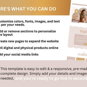 May include: A screenshot of a website template for an online shop. The template features a light brown background with a peach-colored header and footer. The header includes the text "boho vibes boutique". The footer includes the text "our collections". The text "Welcome" is displayed in a large font on the page. The text "Let your reflect spirit..." is displayed in a smaller font on the page. The text "Here's what you can do" is displayed in a large font on the page. A list of bullet points follows, describing the features of the template. The text "This template is easy to edit & a responsive, pre-made complete design. Simply add your details and images if needed, and you're ready to go live in seconds." is displayed at the bottom of the page.