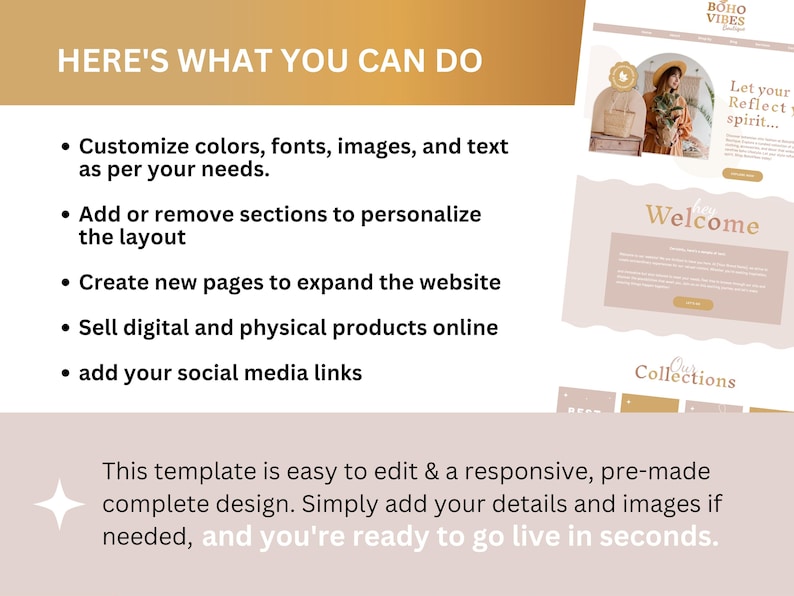 May include: A screenshot of a website template for an online shop. The template features a light brown background with a peach-colored header and footer. The header includes the text "boho vibes boutique". The footer includes the text "our collections". The text "Welcome" is displayed in a large font on the page. The text "Let your reflect spirit..." is displayed in a smaller font on the page. The text "Here's what you can do" is displayed in a large font on the page. A list of bullet points follows, describing the features of the template. The text "This template is easy to edit & a responsive, pre-made complete design. Simply add your details and images if needed, and you're ready to go live in seconds." is displayed at the bottom of the page.