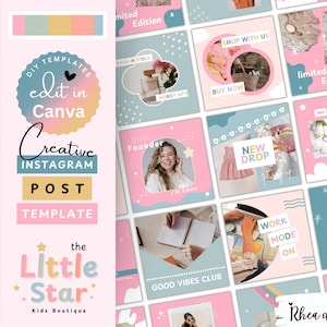 Może przedstawiać: Zestaw 16 różowych i niebieskich szablonów postów na Instagramie z różnymi wzorami i tekstami. Szablony zawierają różne wzory, w tym serca, gwiazdy, chmury i kształty geometryczne. Tekst na szablonach zawiera takie frazy jak "Nowy Drop", "Edycja Limitowana", "Kup u nas" i "Dobre Wibracje".