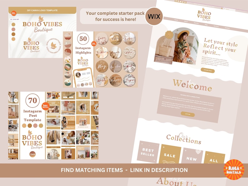 Wix Website Template, Boho vibes Boutique  Wix Website Theme, Retro Wix Shop and Blog Template, Playful Funky Brown - beige Wix Template