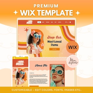 Peut inclure: Maquette numérique d'un modèle de site web sur un ordinateur portable et un smartphone, avec le texte "PREMIUM WIX TEMPLATE". Le design présente une esthétique rétro avec une femme portant des lunettes de soleil. Le texte "Shop Our Most Loved Items" est également visible.