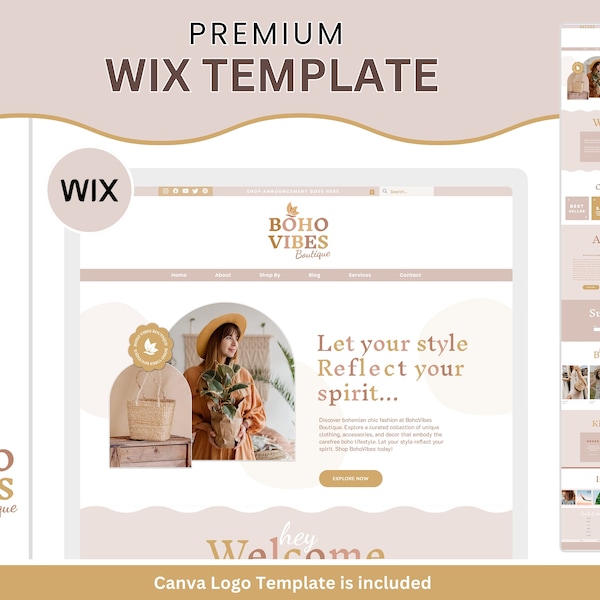 Wix Website Template, Boho vibes Boutique  Wix Website Theme, Retro Wix Shop and Blog Template, Playful Funky Brown - beige Wix Template