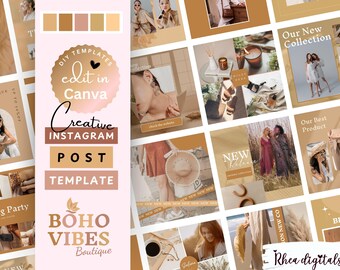 Boho Vibes Instagram Post Templates Canva, Brown & Beige social media template, Canva Template, Aesthetic Instagram Feed 01BVBC