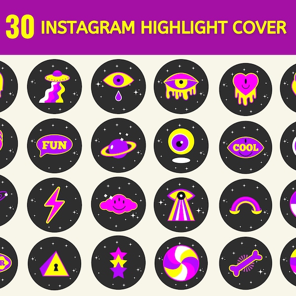30 Groovy Instagram Highlight Covers | Black Trippy Highlight Icon | Retro IG Covers | Psychedelic Instagram Story Icon | Social Media Icons