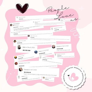 May include: A collage of positive customer reviews for a digital product. The reviews are displayed on white cards with a five-star rating system. The text "People Love us..." is displayed in a large font at the top of the image. A pink butterfly logo is displayed in the bottom right corner of the image.